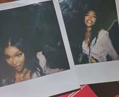 two polaroid photos of a woman smiling