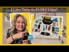 a woman pointing at an assortment of items on the wall with text that reads, i carry these on every flight