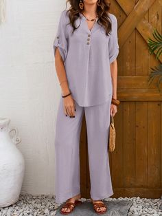 2pcs Women's Casual V-Neck Cuff Sleeve Blouse & Pants Set, Summer Purple Casual    Plain  Non-Stretch  Women Clothing, size features are:Bust: ,Length: ,Sleeve Length: Summer Blouses For Women Casual, Blouses For Women Casual, Summer Blouses For Women, Casual Outfit Inspiration, Blouse Pants, Summer Blouses, Two Piece Outfit, Women's Casual, Cuff Sleeves