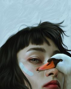 a painting of a woman with a goose painted on her face and the duck's head