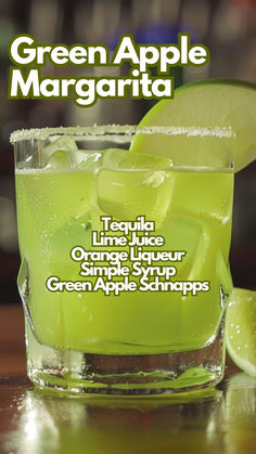 Green Apple Margarita Green And Yellow Alcoholic Drinks, Green Apple Margarita, Green Alcoholic Drinks For A Party, Dark Green Cocktail, Margarita Flavors, Apple Twist, Apple Margarita, Traditional Margarita