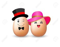 two eggs wearing hats and bow ties, one is smiling at the other with his tongue out