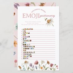 the children's book emoj dictionary is shown with flowers and bees on it