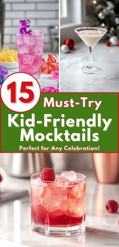 A must-try kid-friendly mocktails. Colorful and fun drinks with gummy bears, raspberries, and sprinkles in creative glasses. Perfect for parties, holidays, and family celebrations. Easy non-alcoholic recipes to make kids smile. Bright, fruity, and festive beverages for every occasion.