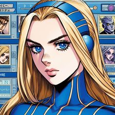 an anime character with blue eyes and long blonde hair in front of a computer screen