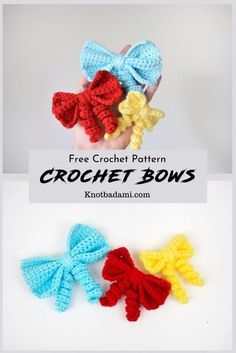 four crocheted bows with the words how to crochet a bow