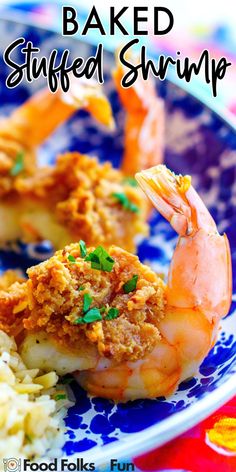 baked stuffed shrimp on a plate with rice