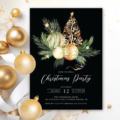 a christmas party flyer with ornaments and decorations