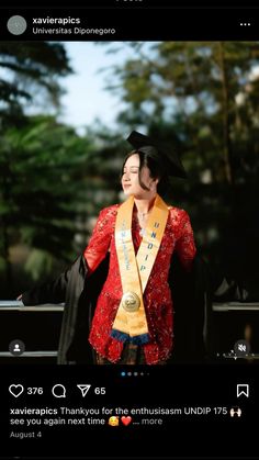 a woman in a graduation gown holding her hat and sash, with the words congratulations on it