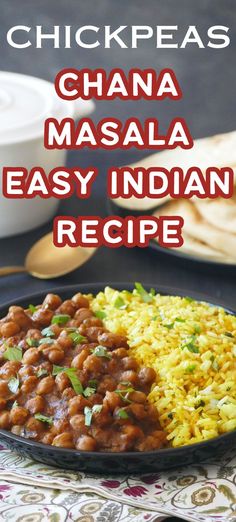 Bowl of chana masala chickpea curry with yellow rice and text "chickpeas chana masala easy indian recipe". Chana Masala Recipe Easy, Vegan Pressure Cooker, Indian Chick Pea Recipes, Easy Indian Curry, Vegan Chana Masala, Indian Chickpea Curry, Chana Masala Recipe, Indian Vegetarian Dishes