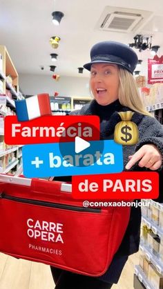 a woman is holding a red bag in a store with the words farmacia + barata de paris on it