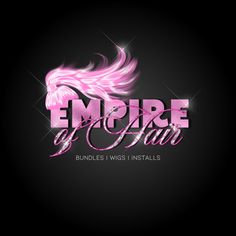 the empire of hair logo on a black background with pink and white feathers in it