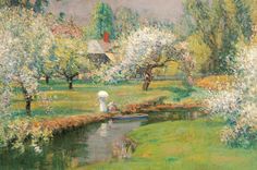 a painting of people in a park by the water with trees and flowers around them