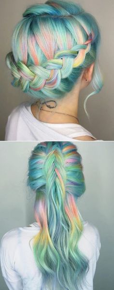 Cabelo colorido em tons de verde, azul, rosa, amarelo, e um pouco de laranja e roxo Hair Lifestyle, Unicorn Hair Color, Unicorn Hair, Pastel Hair, Colored Hair, Mermaid Hair, Rainbow Hair, Crazy Hair, Hair Dos