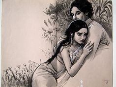 a drawing of a man hugging a woman