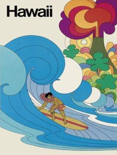 a poster with a man surfing in the ocean