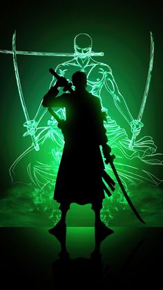 the silhouette of a man holding two swords in front of a green background with text that reads