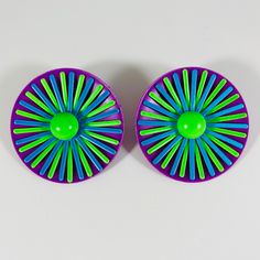 "80s Neon Purple Green and Blue Circle Disc Daisy Starburst Clip Earrings 80s New Wave Rare Measure 1.5\" All of my items are either one-of-a-kind, vintage, gently worn or made in very limited quantities, so if something catches your eye, snap it up before someone else does." 80 Earrings, 80s Statement Earrings, 80s Earrings Vintage, 1980s Earrings, 80s Earrings 1980s, Retro Multicolor Clip-on Earrings, 80s Neon, Grosgrain Ribbon Bows, Plastic Earrings