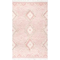 a pink rug with fringes and diamonds on the bottom, in front of a white background