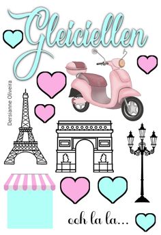 a pink scooter with hearts and the eiffel tower in the background