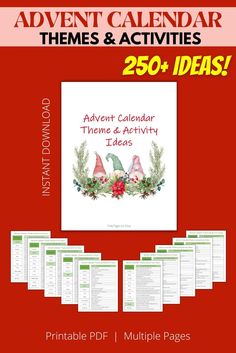 the printable christmas calendar is shown with text and images for each page, which are also