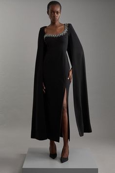 Petite Crystal Embellished Viscose Crepe Woven Cape Maxi Dress Petite Wedding Guest Dresses, Latest Maxi Dresses, Plus Size Workwear, Petite Maxi Dress, Maxi Dress Collection, Tall Dresses, Petite Coat, Short Playsuit, Fall Outfits For Work