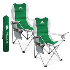 two lawn chairs with green and white covers next to an inflatable water bottle