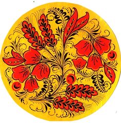 a yellow plate with red flowers and leaves on it's rim, painted in black ink