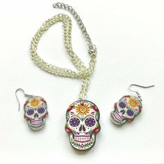 Light, Acrylic (Plastic) Earrings And Necklace Set. New Multicolor Skull Jewelry For Day Of The Dead, White Skull Print Jewelry For Gift, White Skull Print Jewelry Gift, Day Of The Dead Multicolor Skull Jewelry, White Skull Jewelry For Day Of The Dead, Skull Earring, Earrings And Necklace Set, Plastic Earrings, Halloween Day