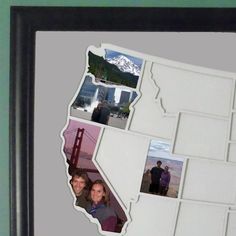 a photo frame with pictures of people and mountains in the shape of a california state