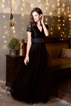 Black V-neck Dress For Costume Party, Black Gothic Evening Dress For Prom, Black Tulle Floor-length Maxi Dress, Black Tulle Maxi Dress For Prom, Elegant Tulle Evening Dress For Costume Party, Black Short Sleeve Prom Evening Dress, Black Prom Dress With Short Sleeves, Formal Floor-length Dress For Halloween, Halloween Prom Tulle Dress