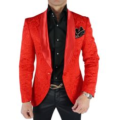 Red Designer Fiore Fabric Woven In France Satin Signature Shawl Lapels Single Button Closure Soft, natural shoulder construction Chest Barchetta Pocket Dual Vents Satin covered buttons Handmade in any size! Includes a Sebastian Cruz Couture Pocket Square of your choice! All of our jackets are made with 4" extra of fabric to ensure you don't have to send it back to us if it's too small or too big. You can tailor your jacket 2 sizes bigger and/or smaller if needed. We guarantee your satisfaction! Designer Blazer With Covered Buttons For Formal Events, Luxury Red Outerwear For Evening, Luxury Red Evening Outerwear, Designer Party Blazer With Button Closure, Designer Fitted Blazer With Shawl Collar, Classic Red Outerwear For Wedding, Classic Red Wedding Outerwear, Luxury Red Outerwear For Party, Elegant Fitted Red Blazer