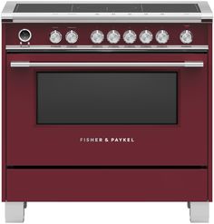 a red stove with four burners and two oven doors on each side, in front of a white background