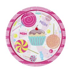 a pink paper plate with candy and candies on the front, along with lollipops