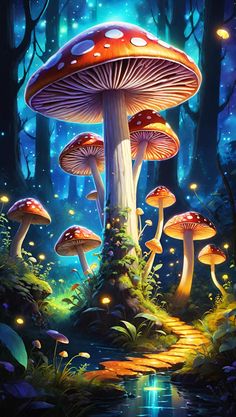 a group of mushrooms that are in the woods by some water and trees with lights on them