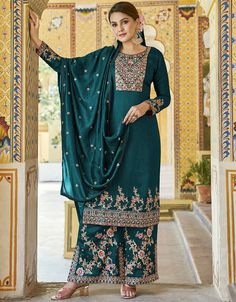 chic teal real premium silk designer party wear heavy salwar suit collection with teal real premium silk rt8950-184975 Front View Heavy Salwar Suit, Anarkali Lehenga Gowns, Designer Embroidery, Anarkali Lehenga, Dress Pant Suit, Suit Collection, Palazzo Suit, Silk Bottoms, Anarkali Suit