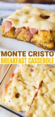 this is an easy breakfast casserole recipe with ham and cheese on top, then topped with melted cheese