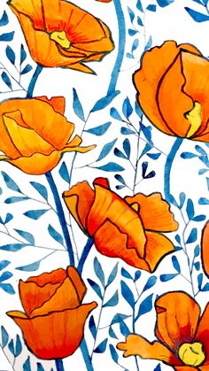 watercolor painting of orange flowers on white background