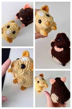 crocheted stuffed animals are being displayed in four different pictures, including one brown and white mouse