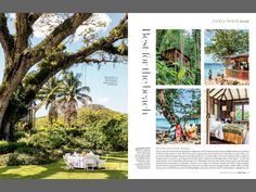 an open book with pictures of people sitting at a table under a tree in front of the ocean