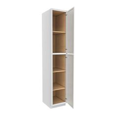 a tall white cabinet with two shelves on the bottom and one door open to reveal it's contents