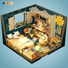 an overhead view of a bedroom with furniture and decorations on the walls, as well as a sunflower