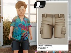 an image of a boy in shorts with the words fresh shorts on it and another photo of him