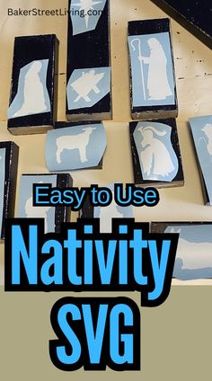 the words, easy to use nativity svg are displayed in black and white