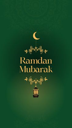 rama mubarak greeting card with lantern and crescent on green background for muslim festival