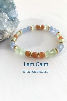 ~ Calming Intention bracelet with positive energy ~ Harness Joy! What are Malas?  For thousands of years malas have been used by people practising yoga or spiritualists as a powerful and culturally-rich tool for meditation.  Whether or not you practise meditation, you can still wear these beaded bracelets as a daily reminder of your goals/intentions, creating a calmer mind, body, and spirit, allowing the mala to absorb the energy as you focus.  Take a moment to breathe, exhale and focus on your self-care and compassion for others....  Namaste 🙏 🙏 🙏 The perfect Zen Aquamarine, Sunstone, and Prehnite beaded bracelet, a  gift for her as a reminder to be here now and enjoy the present.  Made with high quality crystals to bring you to your center and relax, and melt away stress.  Capture joy Rock Bracelets, Calming Mind, I Am Calm, Take A Moment To Breathe, Intention Bracelets, Aquamarine Bracelet, Energy Bracelets, Mind Body And Spirit, Bracelet Ideas