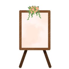 a wooden easel holding a sign with flowers on the top, and a white board attached to it