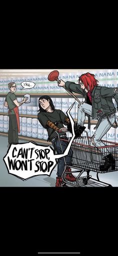 two people pushing a shopping cart through a store