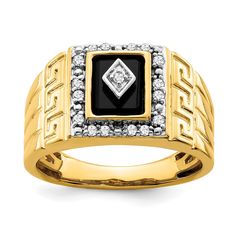 14k yellow gold onyx and real diamond greek key design mens ring rm7477 ox 020 ya Golden Chariot, David Ring, Greek Key Pattern, Engagement Ring Sizes, Key Design, Rose Gold Metal, Men's Jewelry Rings, Greek Key, Fashion Ring