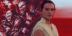 a woman standing in front of a red background with an image of star wars characters